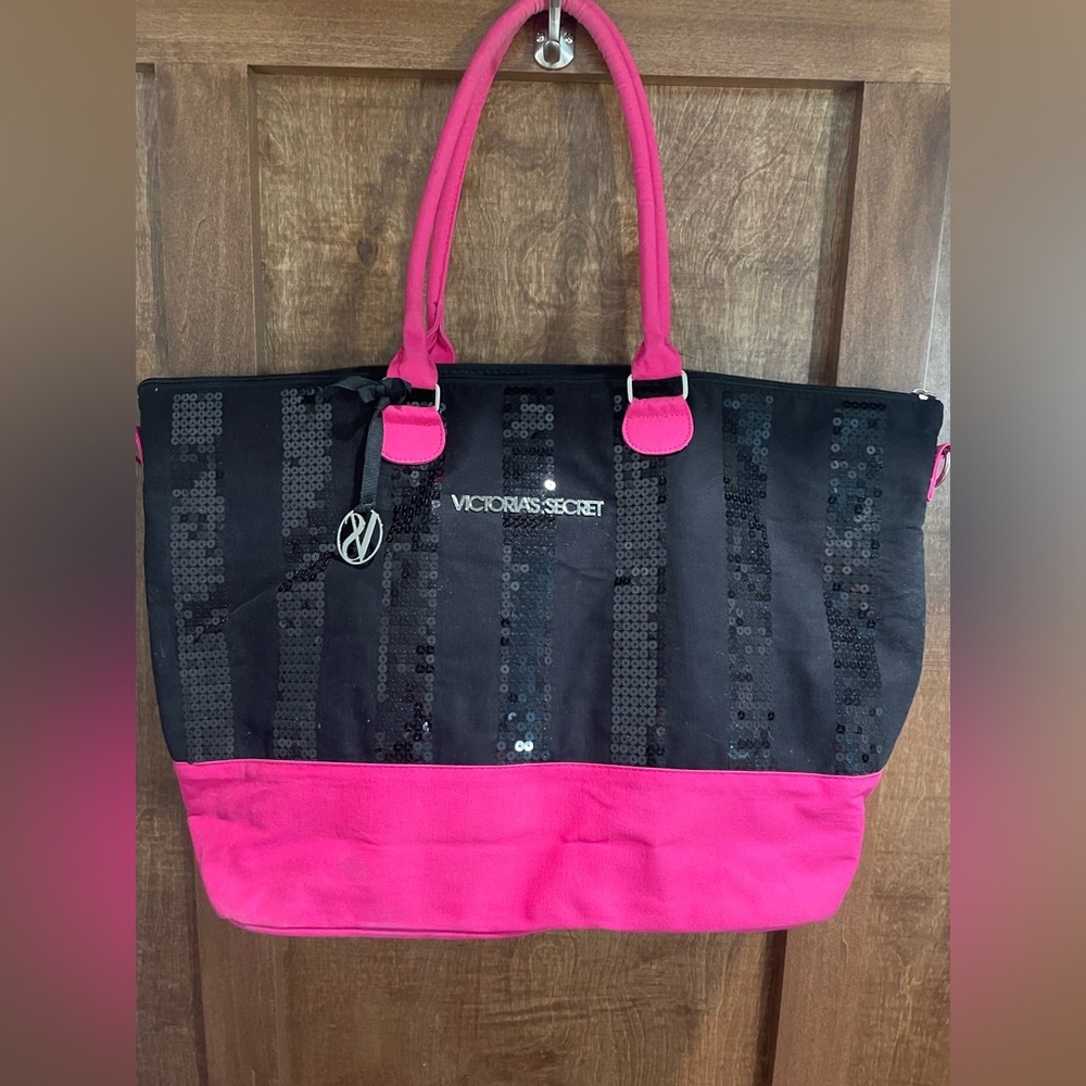 Victoria’s Secret pink sequin black overnight zip tote bag
